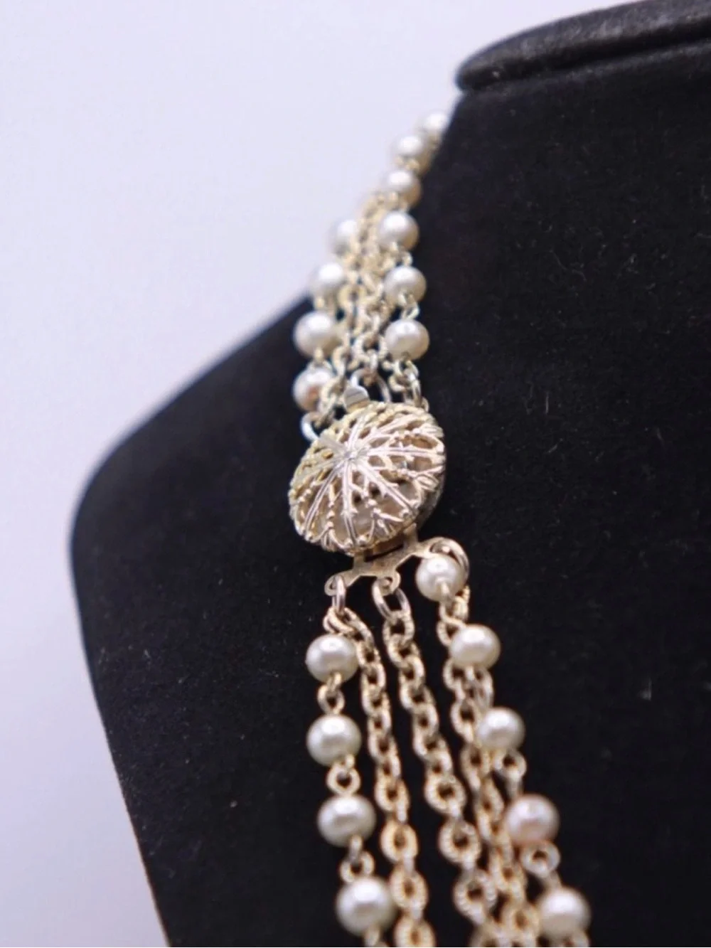 Vintage Multi-Strand Gold tone and Faux Pearl Necklace 20-24”